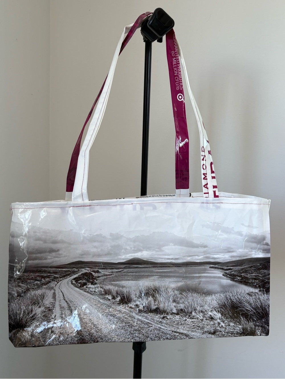 Scenic Black & White Tote Bag with Magenta Straps